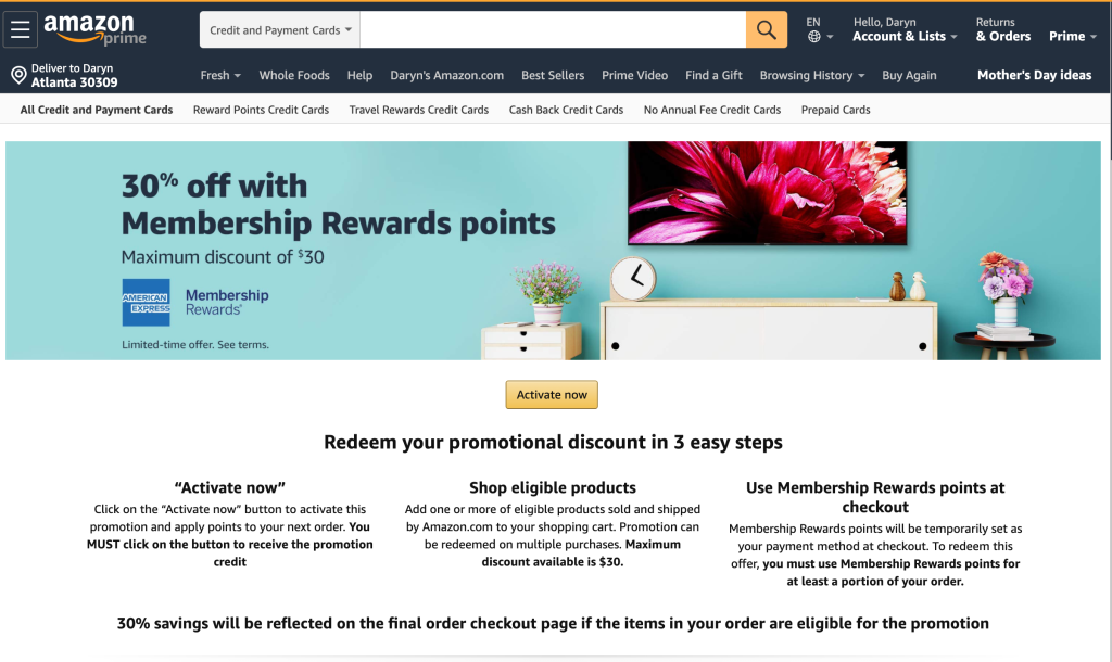 Amazon AMEX Membershp Rewards Promotion